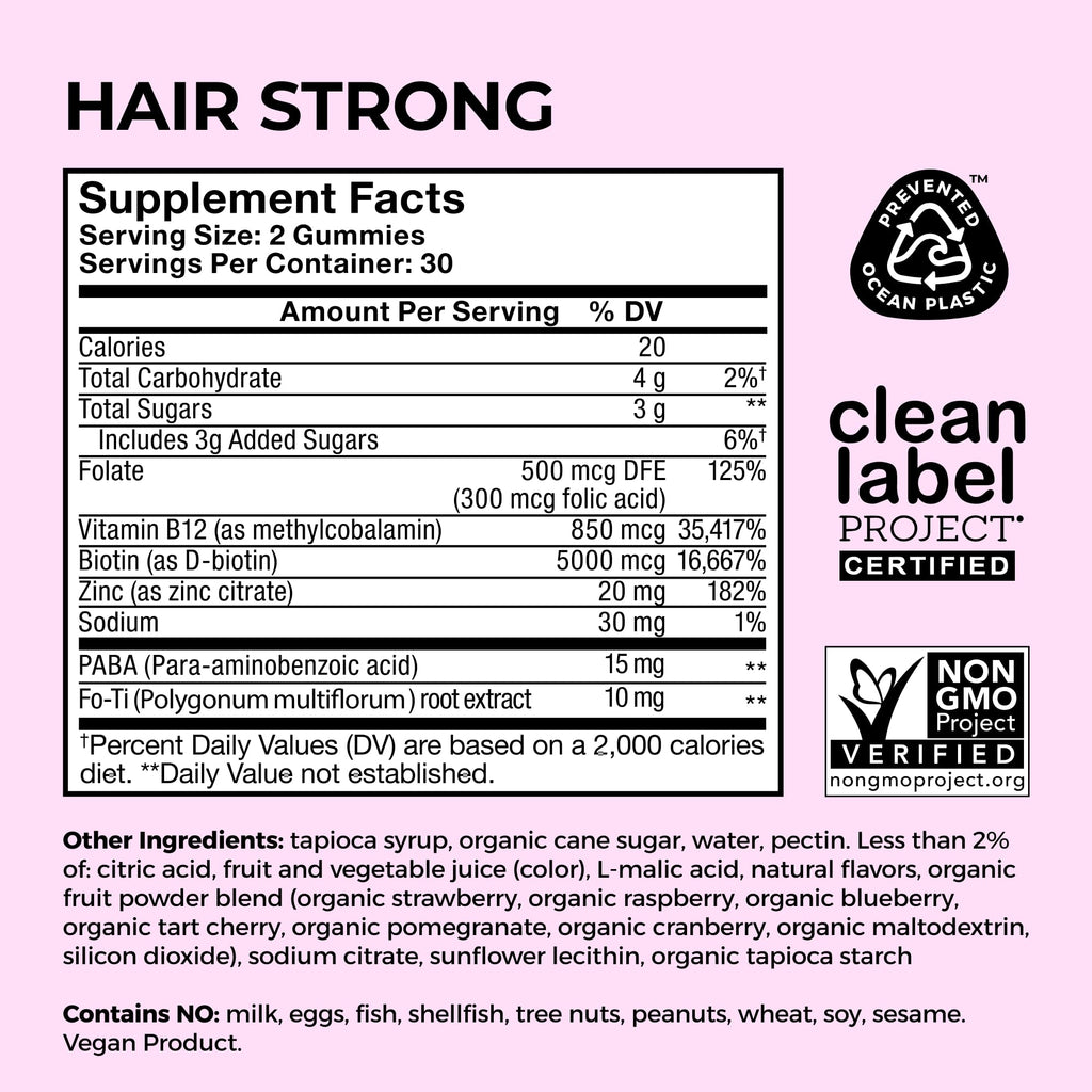 HUM Hair Strong Gummies Biotin, Zinc & Vitamin B12, Hair Growth, 60 Count | Folic Acid, Fo-Ti Root Extract, Biotin & Zinc, Vegan Strawberry Gummies, 3-Month Supply, Non-GMO