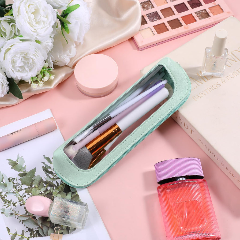 Small mint green PU makeup bag with clear top. Ideal for organizing cosmetics. Available for order online.