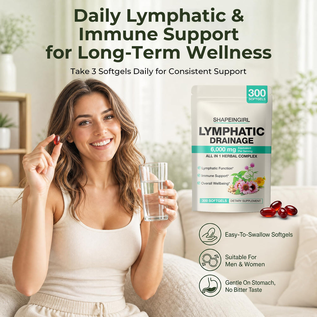 Lymphatic Drainage Supplements - 300 Softgels | 21-in-1 Herbal Blend with Dandelion, Echinacea & Burdock Root | Supports Healthy Circulation & Fluid Balance | Daily Wellness for Men & Women