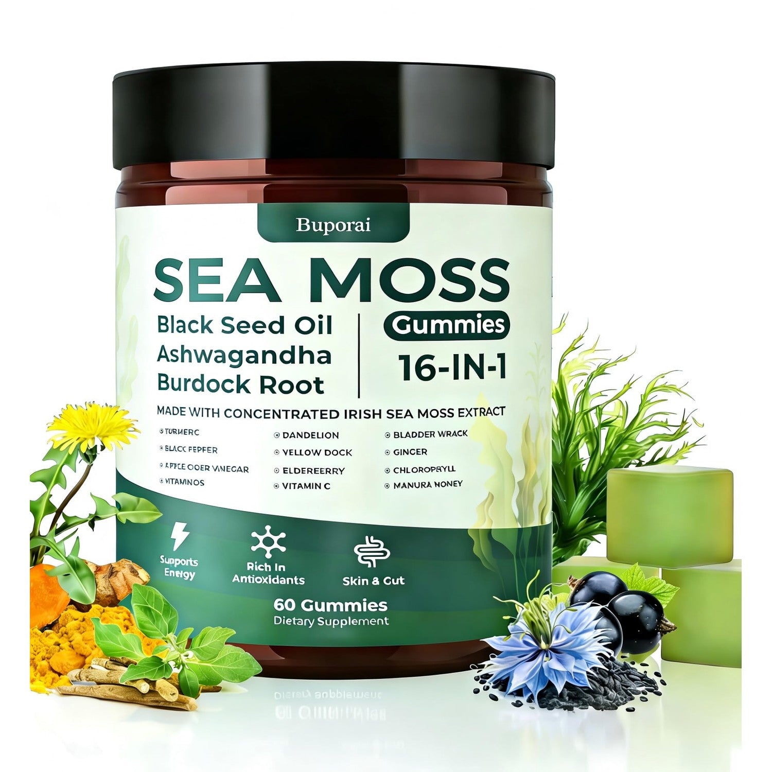 Sea Moss Gummies 16-1, Black Seed Oil Ashwagandha Turmeric Bladder Wrack Vitamin C Vitamin D3 Elderberry Manuka Dandelion Yellow Dock Apple Cider Vinegar for Men & Women