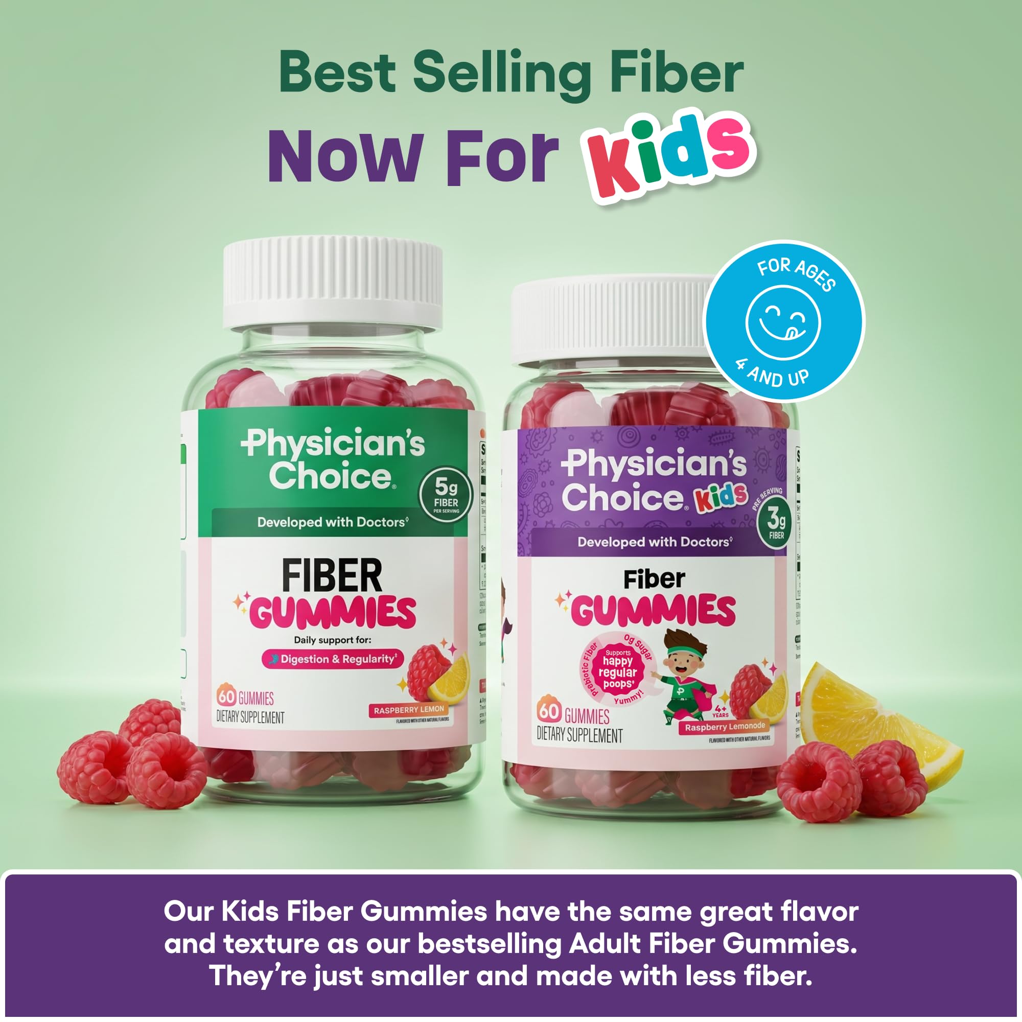 Physician's CHOICE Fiber Gummies for GLP-1 Support - No Sugar Added & Vegan - Raspberry Lemon - Natural Chicory Root Prebiotic Fiber Gummy - Digestive Health & Regularity for Women & Men - 60CT