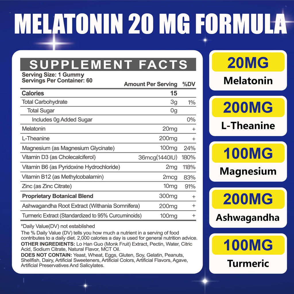 Maennyliy Melatonin 20mg Gummies for Adults - Sugar Free Melatonin Gummies | Extra Strength with L-Theanine, Magnesium, Ashwagandha, Turmeric, D3 & Zinc - Non-Habit Forming, Vegan, Non-GMO, 120 Gummies