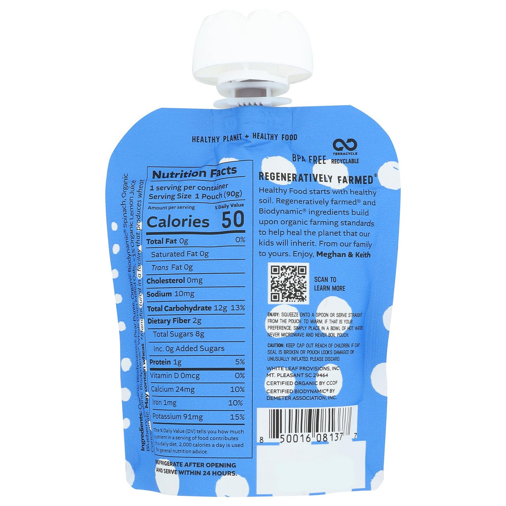 White Leaf Provisions, Baby Food Puree Pear Spinach Blueberry Oat Organic, 3.17 Ounce