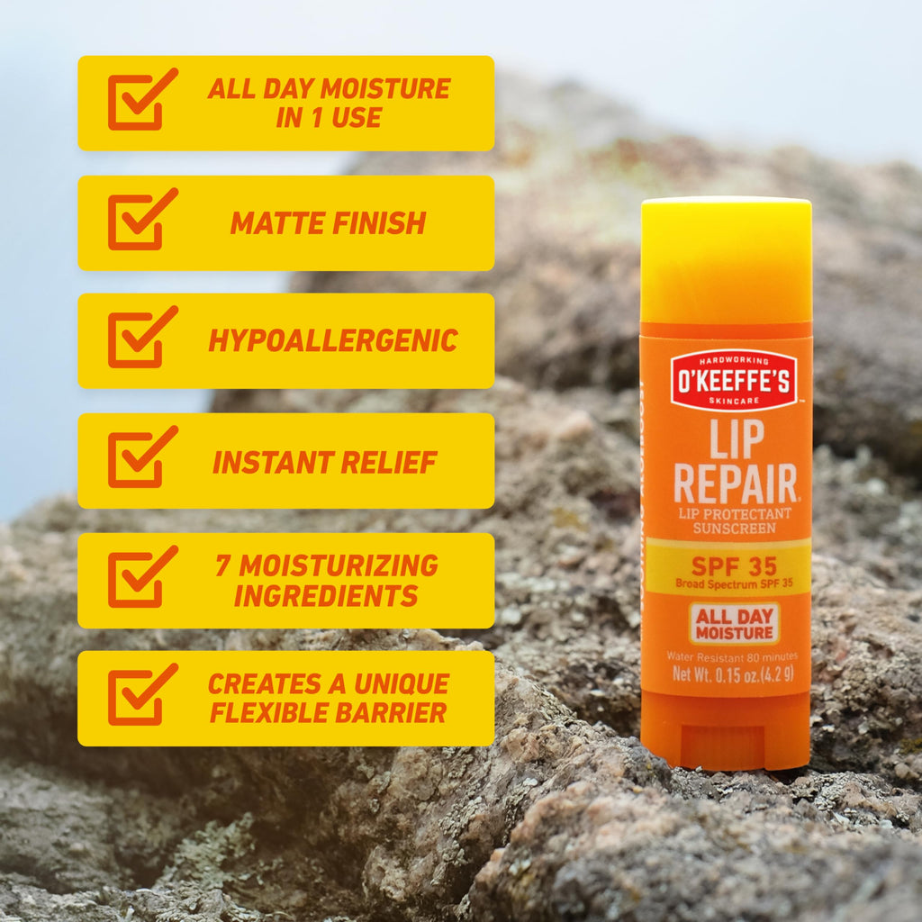 O'Keeffe's Lip Repair SPF 35 Balm, Moisturizer for Cracked, Dry Lips | Heals and Relieves, Long-Lasting Hydration, Contains Aloe, Hypoallergenic Formula