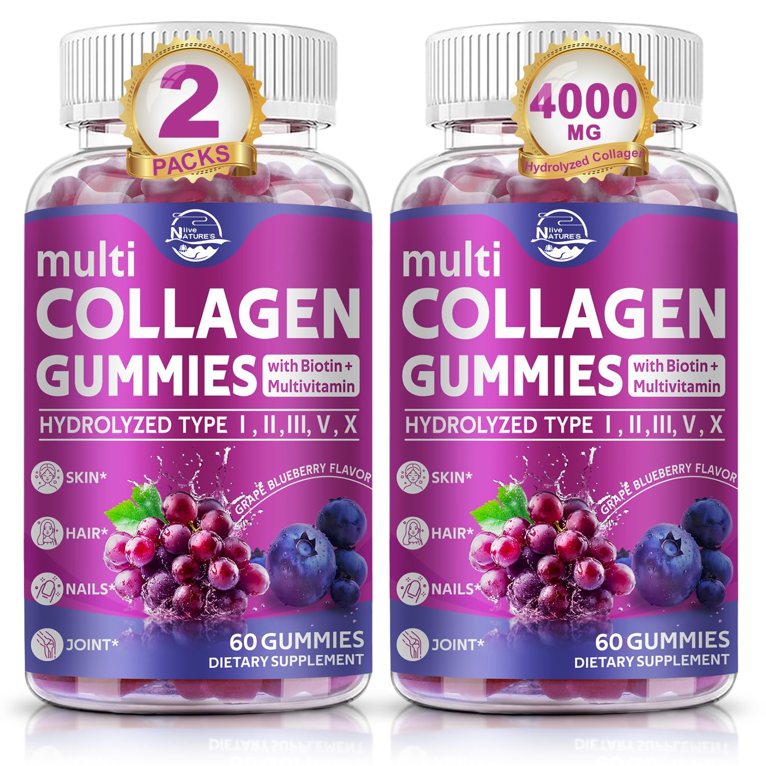 Nature's live Multi Collagen Peptides Gummies, Type I, II, III, V, X | Hydrolyzed Collagen Peptides Gummies, Supports Healthy Skin, Strong Nails & Thick Hair, Grape Blueberry Flavor, 2 Pack