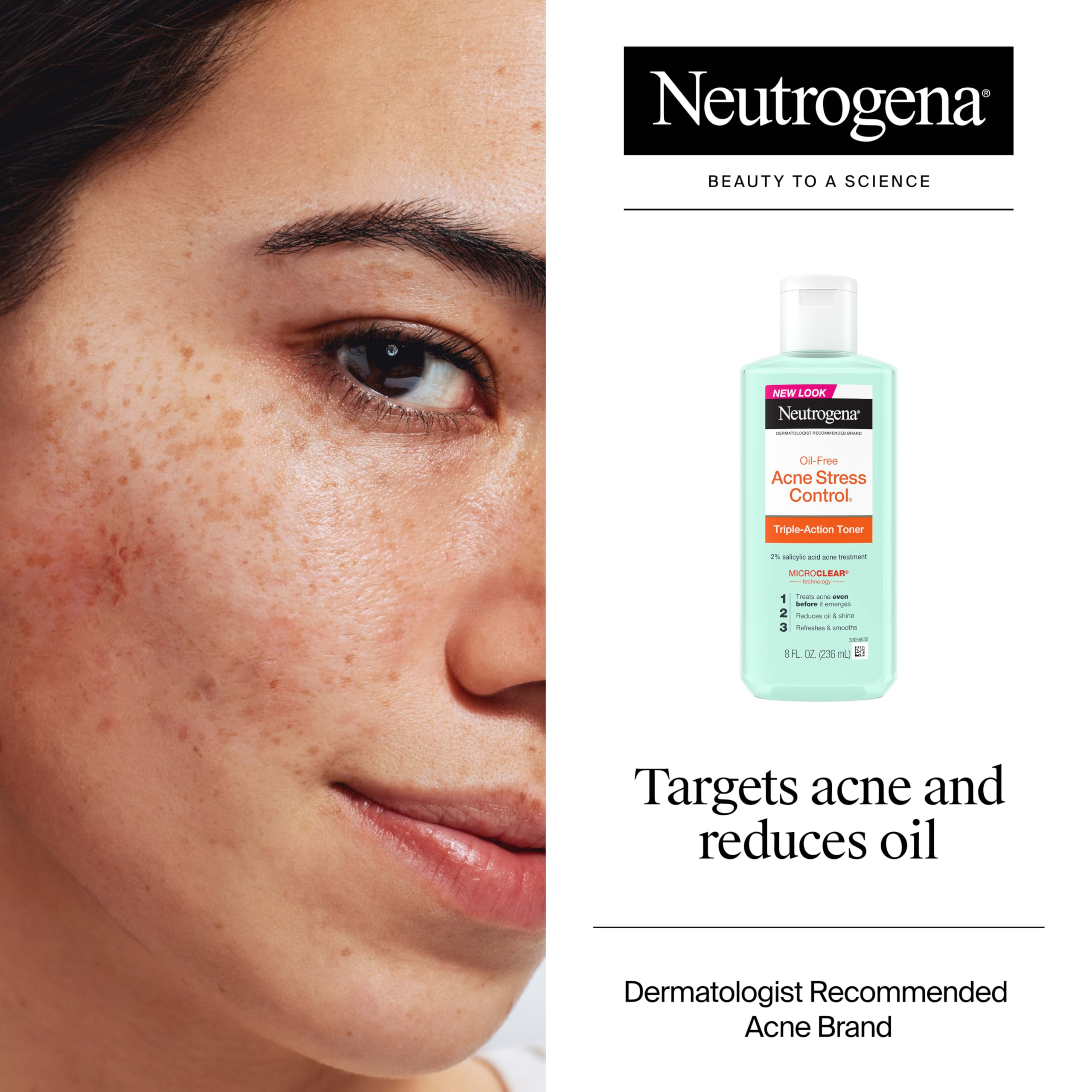 Neutrogena Acne Stress Control Face Toner, 2% Salicylic Acid, 8 fl. oz | Oil-Free Triple-Action, Green Tea & Cucumber Extract, Nourishing & Refreshing