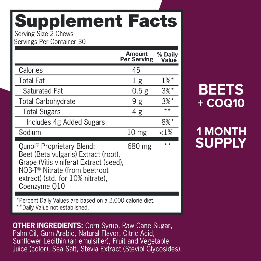 Qunol 3-in-1 Beet Roots Chews with CoQ10, Blood Pressure Support, 60ct | Supports Healthy Blood Circulation & Heart Healthy Energy, From the #1 Brand of CoQ10, Vegetarian, No Synthetic Dyes