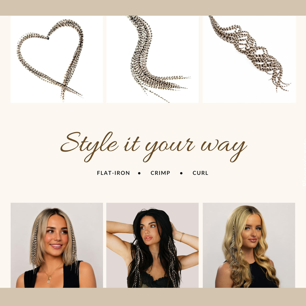 Natural color hair extensions in lengths from 9” to 14”. Style with flat iron, crimper, or curls for a unique look.