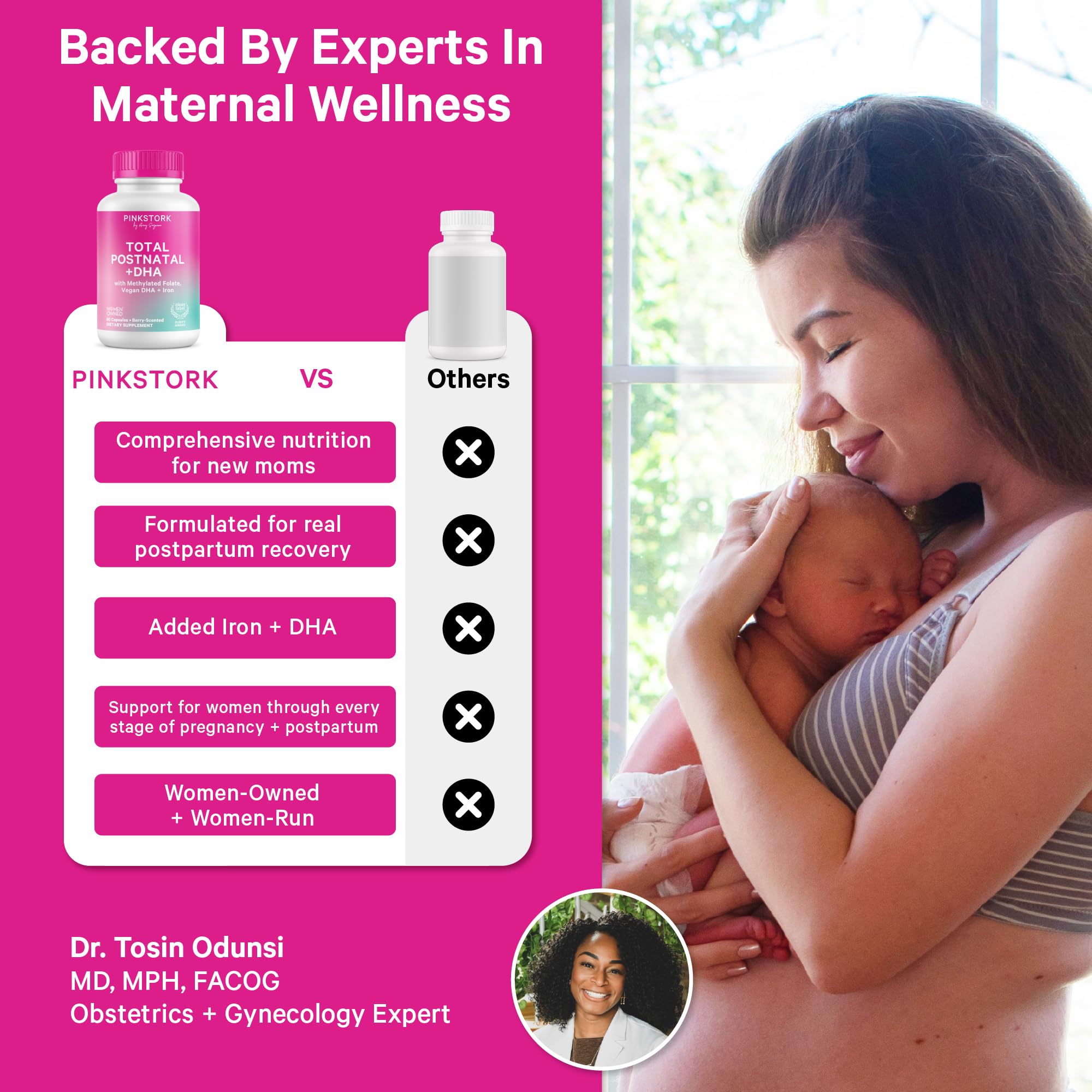 Pink Stork Total Postnatal Vitamins for Women, 60 Capsules, Berry | Clean Label Award, Vegan Algae DHA, No Fishy Burps, Methylated Folate, Iron, Gentle on Stomach, Postpartum + Lactation