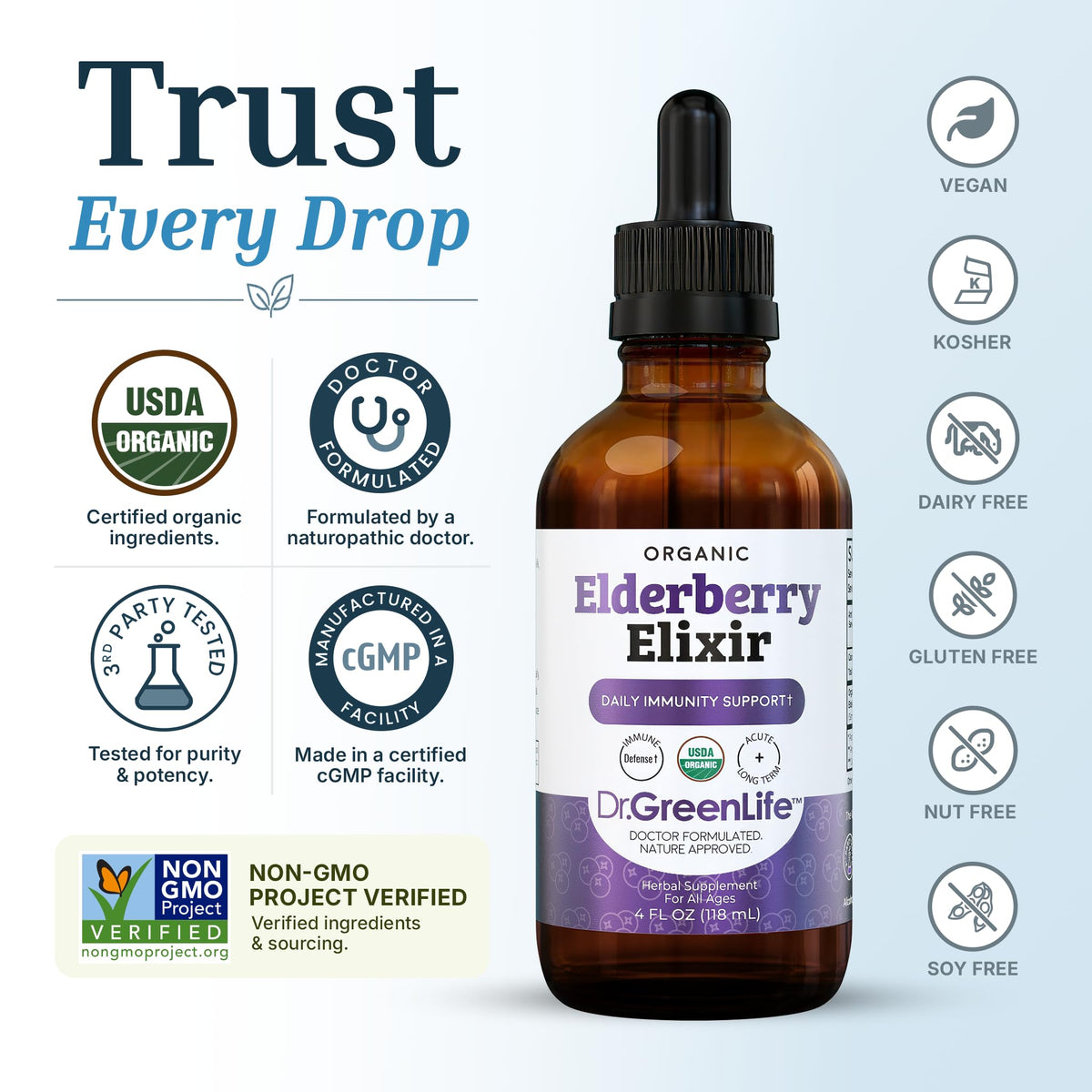 Dr. Green Mom Elderberry Syrup Organic — Elderberry Elixir for Babies, Toddlers & Kids — Cold & Flu Organic Liquid Drops — No Honey — High Potency — Newborn Infant Immune Support & Boost — 4 fl. oz