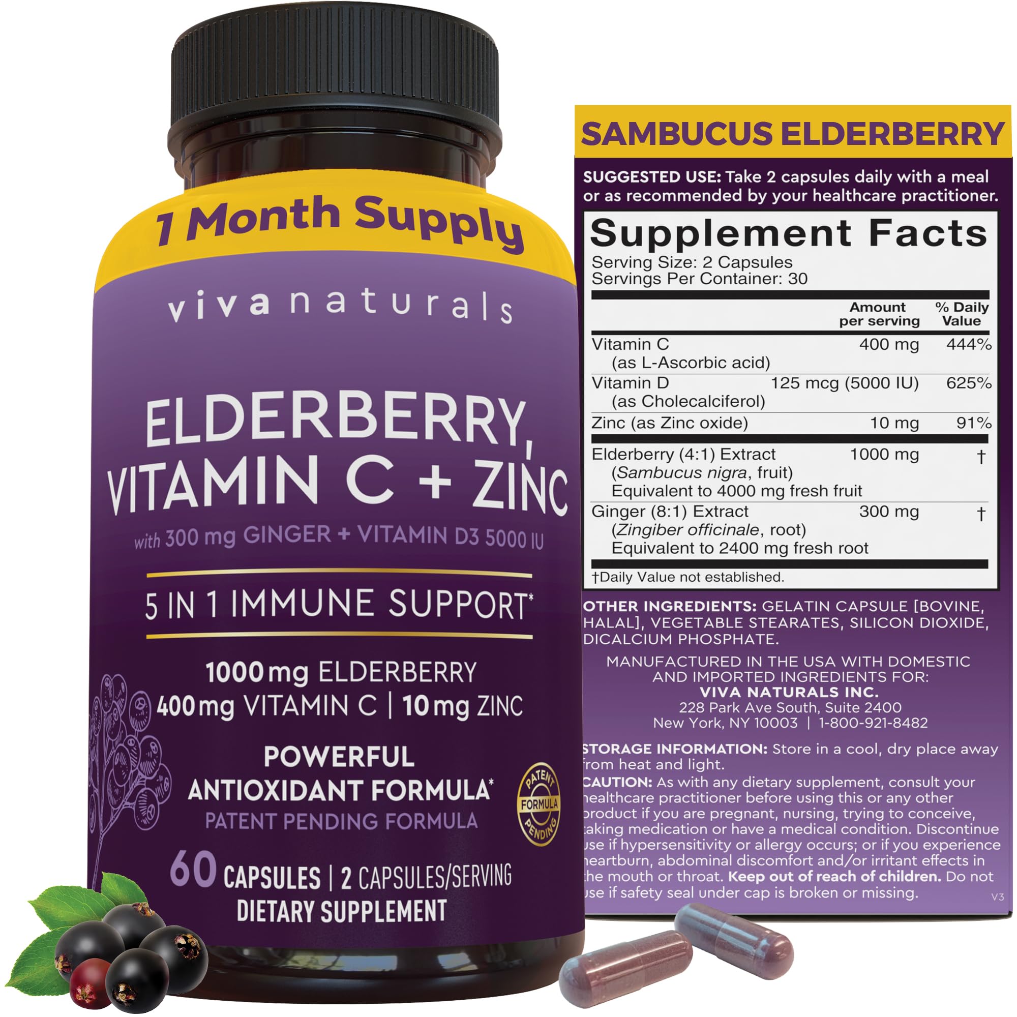 Viva Naturals Elderberry with Vitamin C and Zinc for Adults - 5 in 1 Sambucus Black Elderberry Capsules with Vitamin D3 5000 IU Immunity Supplement, Sambucus Elderberry Immune Support Supplement