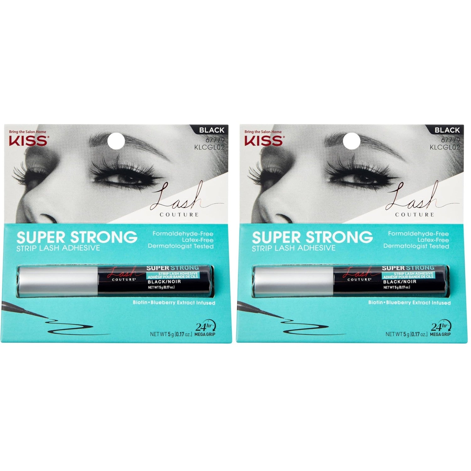 Kiss Lash Couture Super Strong Strip Lash Adhesive, Clear, 0.17 Oz (5 g), 24 Hour Mega Grip Eyelash Glue for Clusters, Extensions & Strip Lashes, with Brush Applicator, Biotin-Infused, Latex-Free
