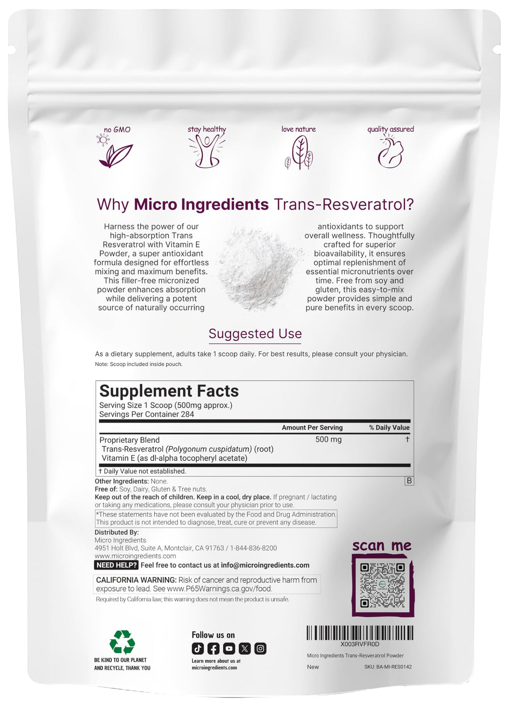 Pure Trans-Resveratrol Powder with Vitamin E, 5 Ounce, 2 in 1 Formula, Micronized Powder for Better Absorption, Premium Resveratrol Supplement, Super Antioxidant