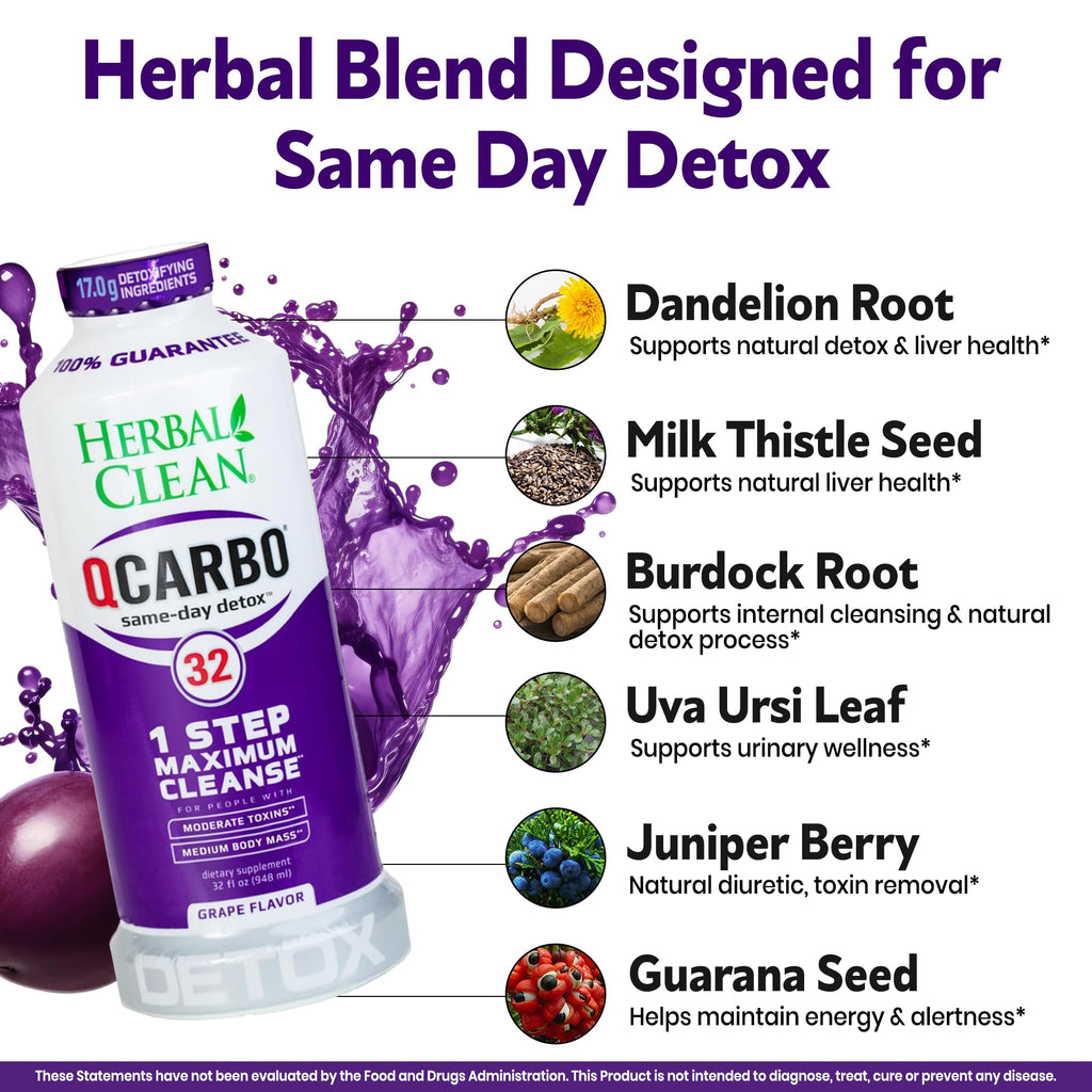 Herbal Clean Qcarbo32 Same Day Detox Cleanse Drink (32 fl oz) - Grape Flavor Full Body Cleanse* Detox Drink for Moderate Toxin Level*, Vitamin B2 and Vitamin B12 for Men & Women
