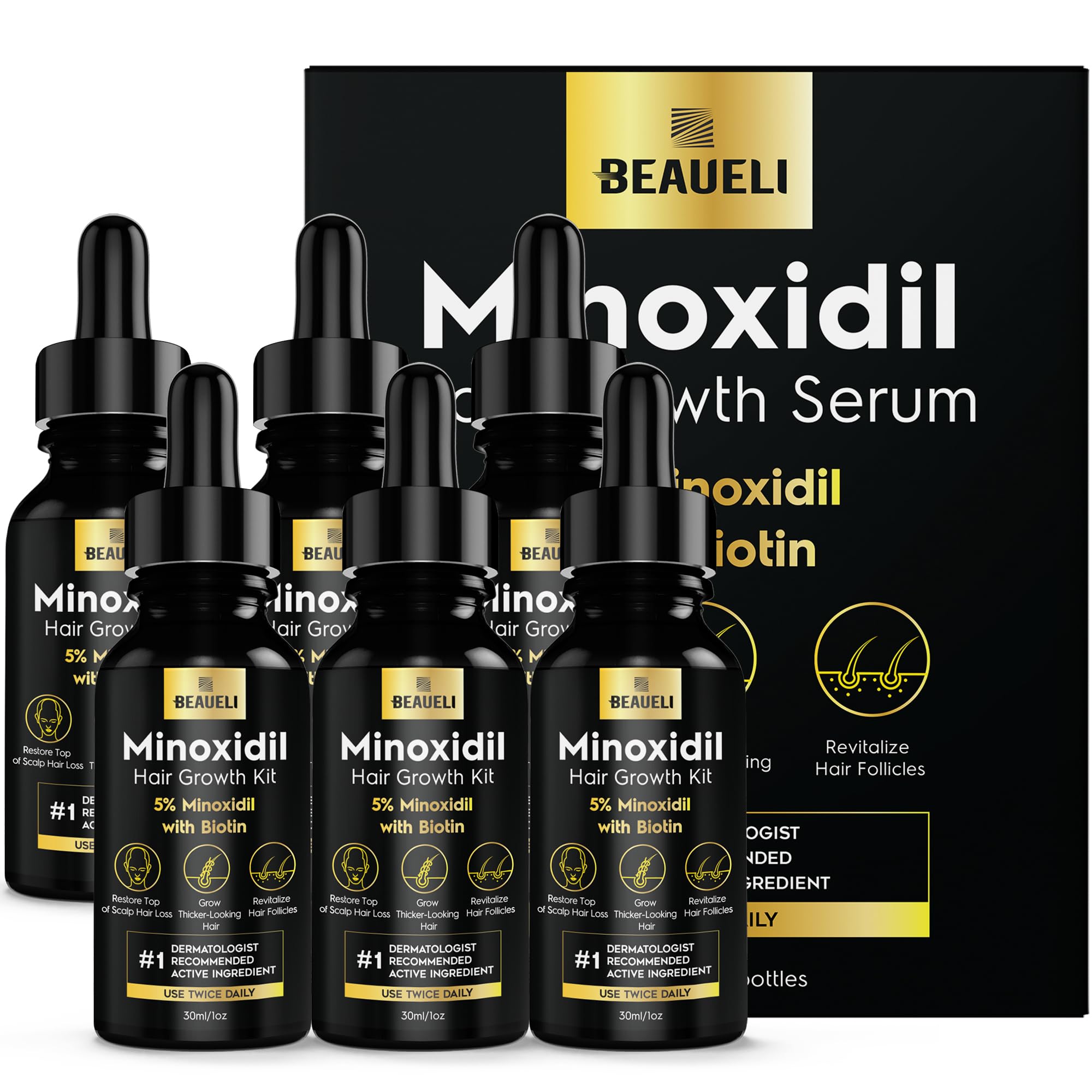 Beaueli 5% Minoxidil for Men and Women, Hair Growth, Beard Growth, Hair Regrowth, Unscented Drop, 3 Fl Oz, 3 Bottles | Minoxidil Hair Growth Oil for Men & Women, 5% Minoxidil Serum Hair Regrowth Treatment with Biotin for Thicker, Fuller Hair