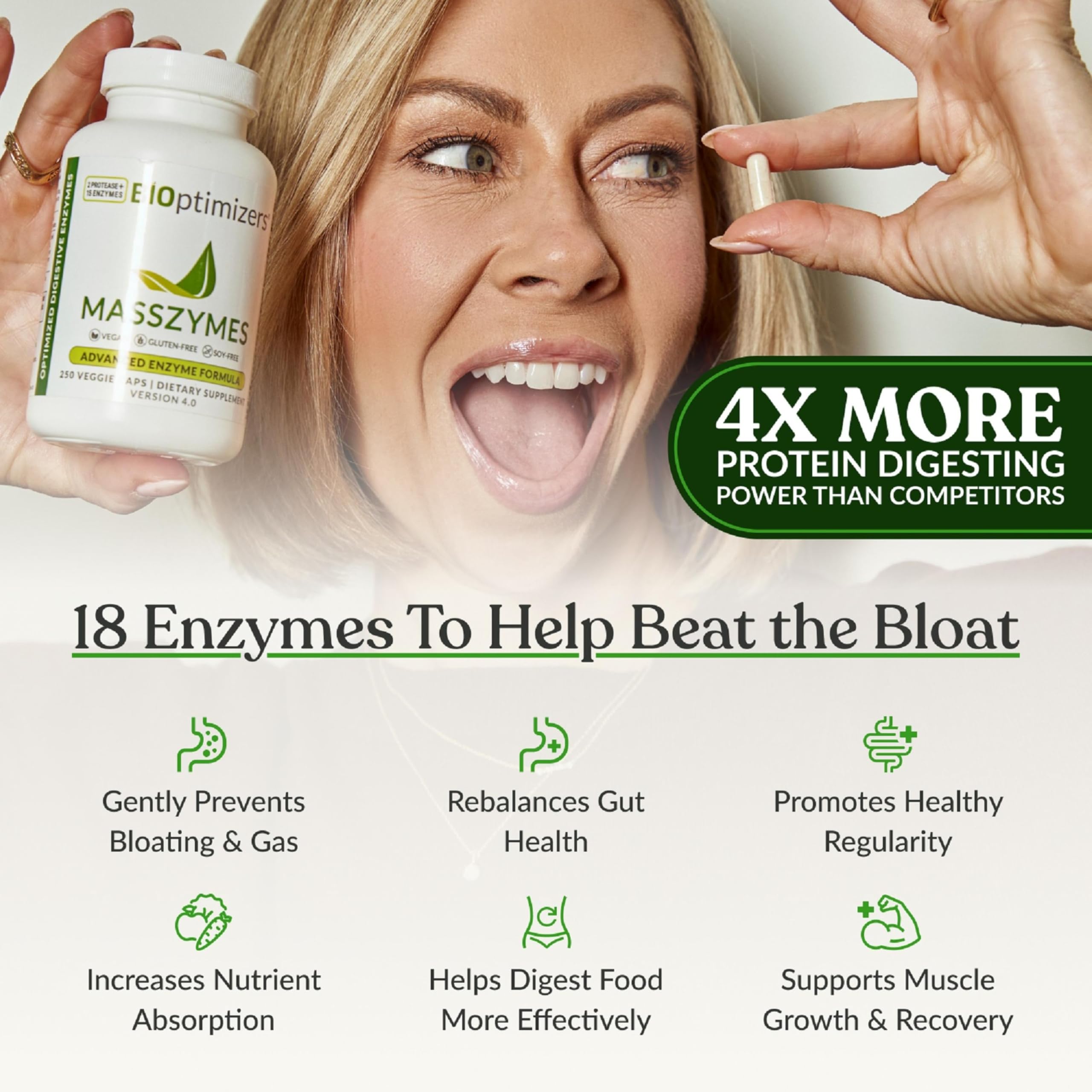 BiOptimizers MassZymes - Complete Digestive Enzymes Supplement for Gut Health - Bloating Relief for Men and Women - Lipase Amylase Bromelain Digestive Enzymes (250 Capsules)