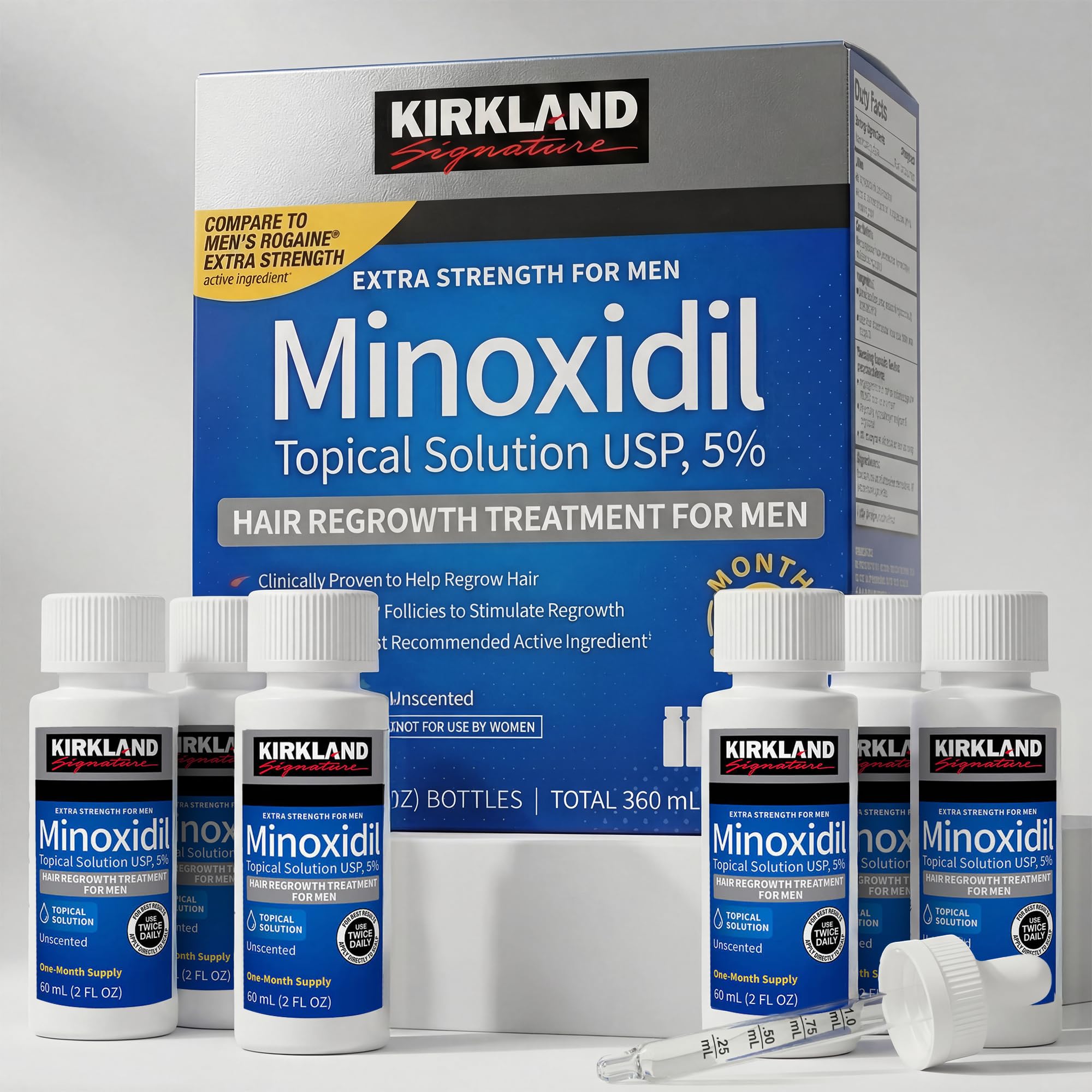 Kirkland Minoxidil for Men Liquid, Extra Strength Hair Regrowth Treatment 5%, 6 Months Supply - Upgraded Dropper Applicator and Bonus Free Guide Included