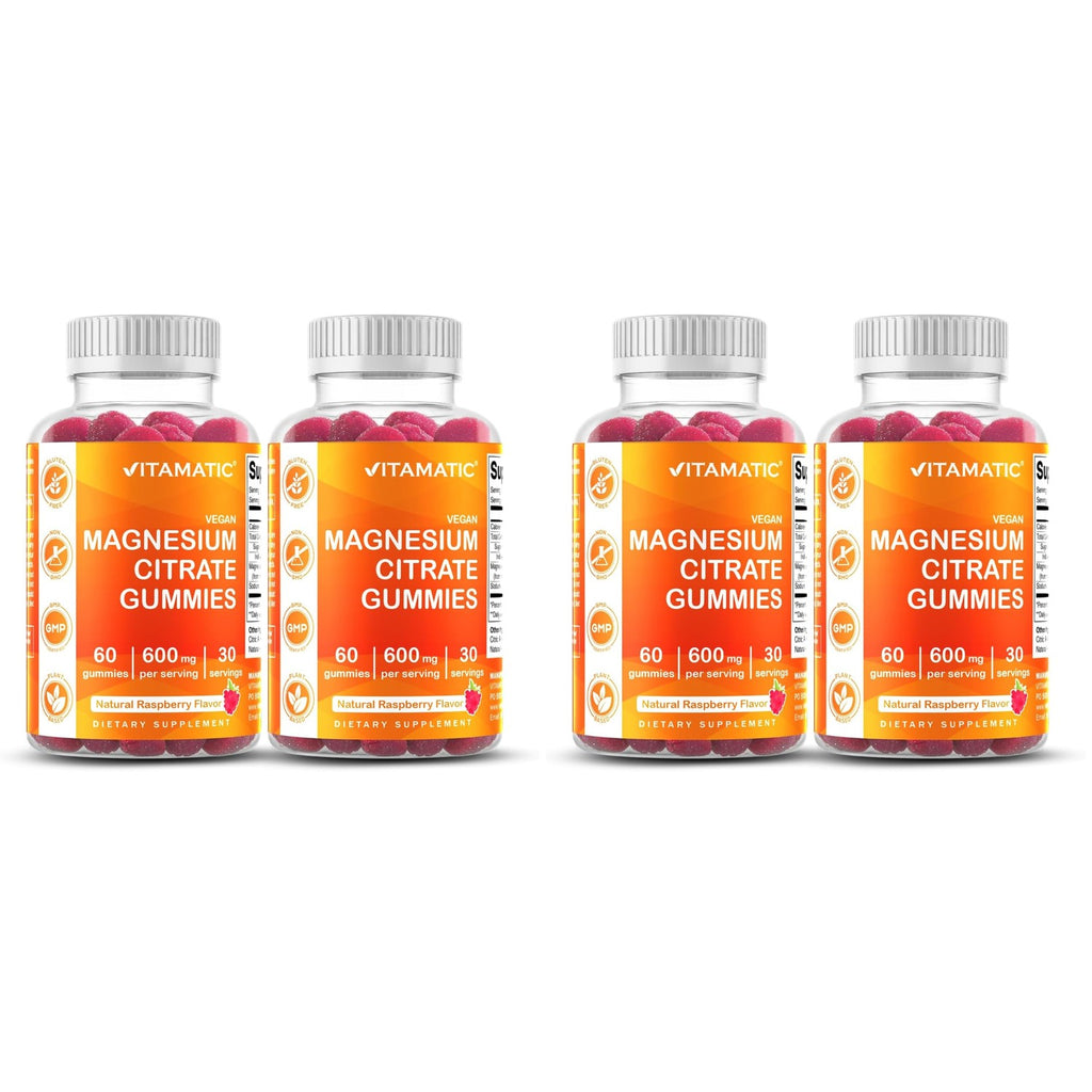 Vitamatic Magnesium Citrate Gummies, 600 mg, 60 Vegan Gummies | 600 mg Magneisum Citrate Per Serving with 70 mg of Elemental Mg, Natural Raspberry Flavor, Non-GMO, Gluten Free, Pectin Based