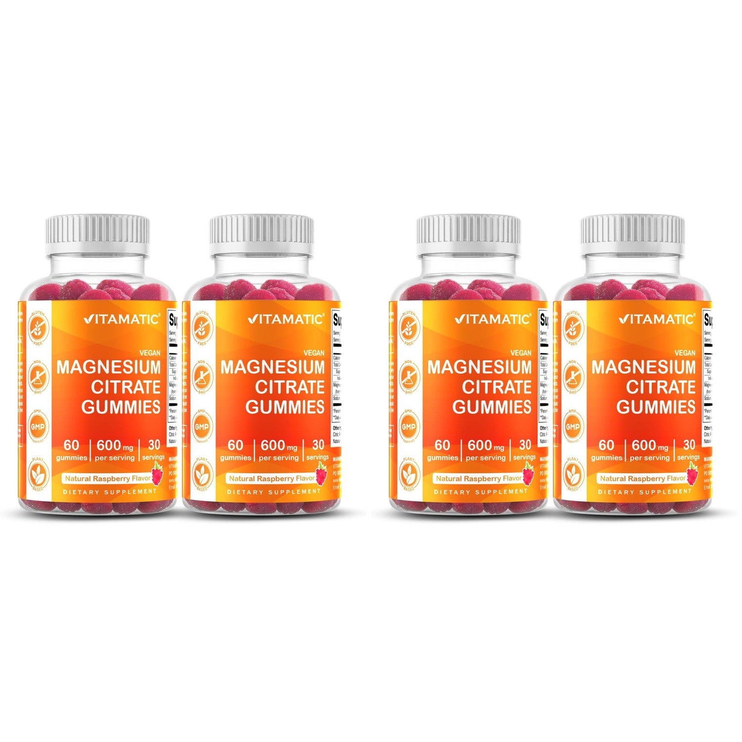 Vitamatic Magnesium Citrate Gummies, 600 mg, 60 Vegan Gummies | 600 mg Magneisum Citrate Per Serving with 70 mg of Elemental Mg, Natural Raspberry Flavor, Non-GMO, Gluten Free, Pectin Based