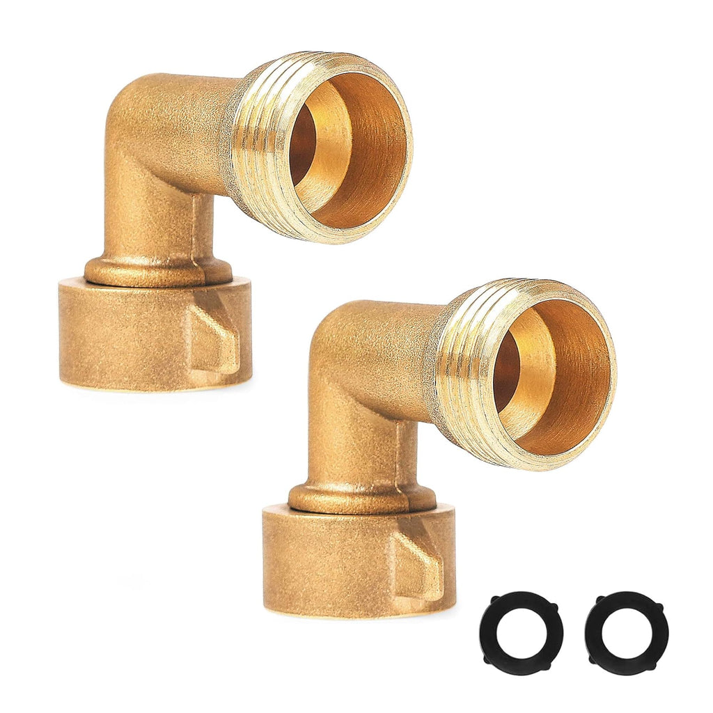 Hourleey 2 Pack 90 Degree Garden Hose Elbow Connectors, 3/4" Brass Hose Elbow with 2 Washers, Hose Adapter for RV Water Hookups Residential Outdoor Faucets