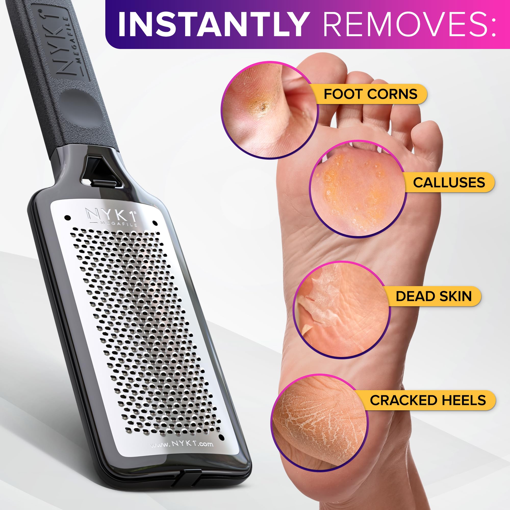 NYK1 RUSTPROOF Foot File Callus Remover for Feet with Catcher | XL Size | MegaFile Hard Skin Remover Foot Scraper for Wet and Dry Use - Non-Slip Textured Grip for Smooth, Soft & Callus-Free Feet