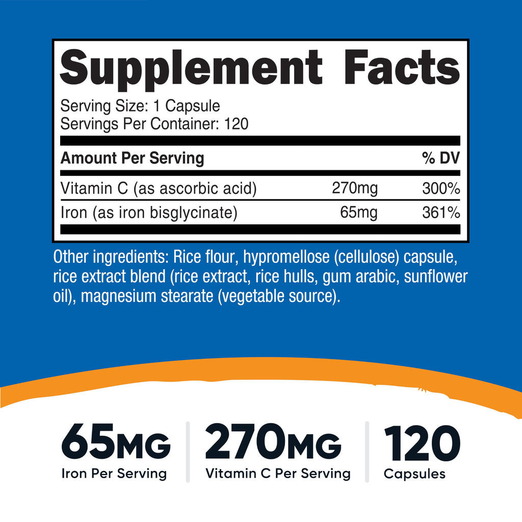 Nutricost Iron (65mg) with Vitamin C (270mg) 120 Capsules - Vegan, GMO-Free