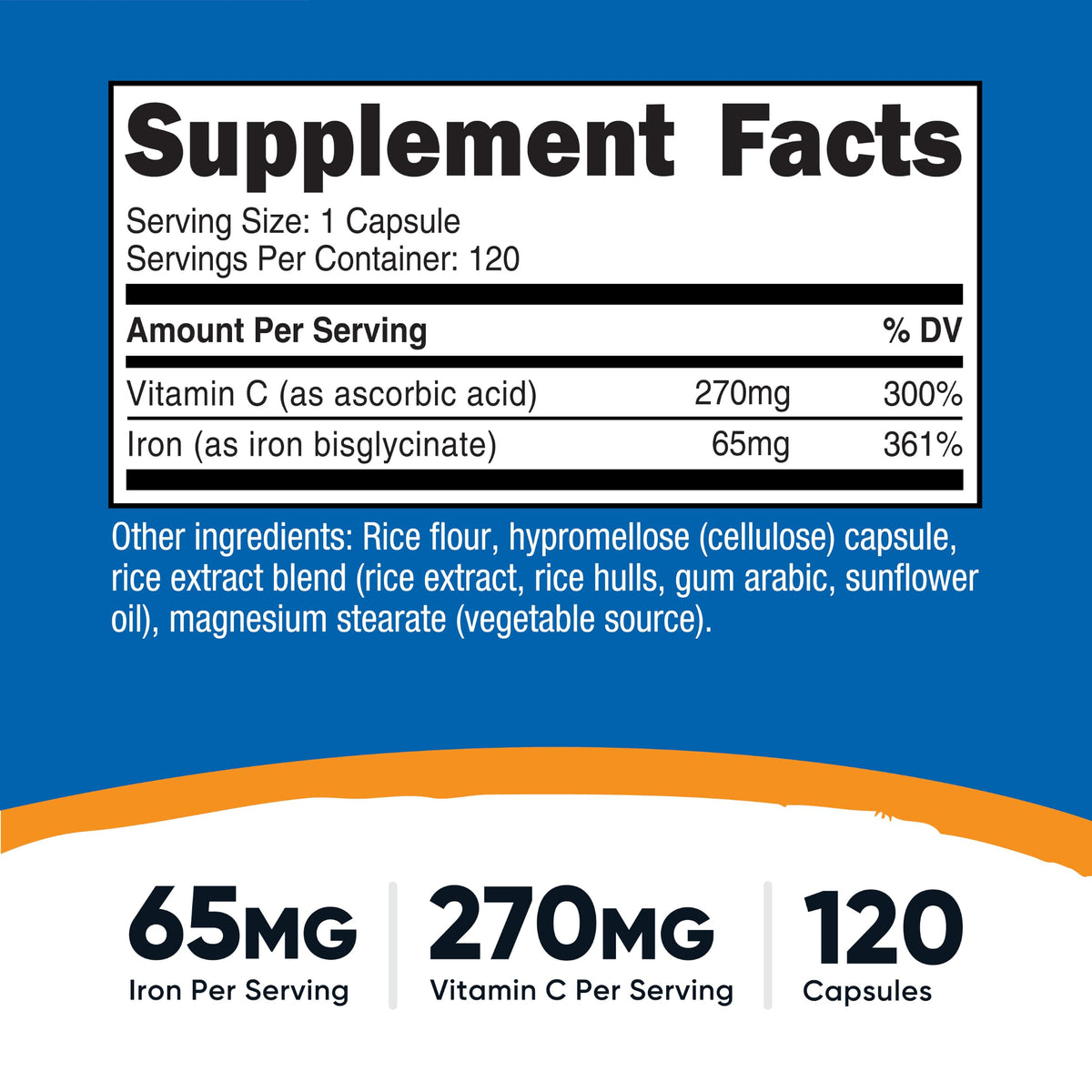 Nutricost Iron (65mg) with Vitamin C (270mg) 120 Capsules - Vegan, GMO-Free