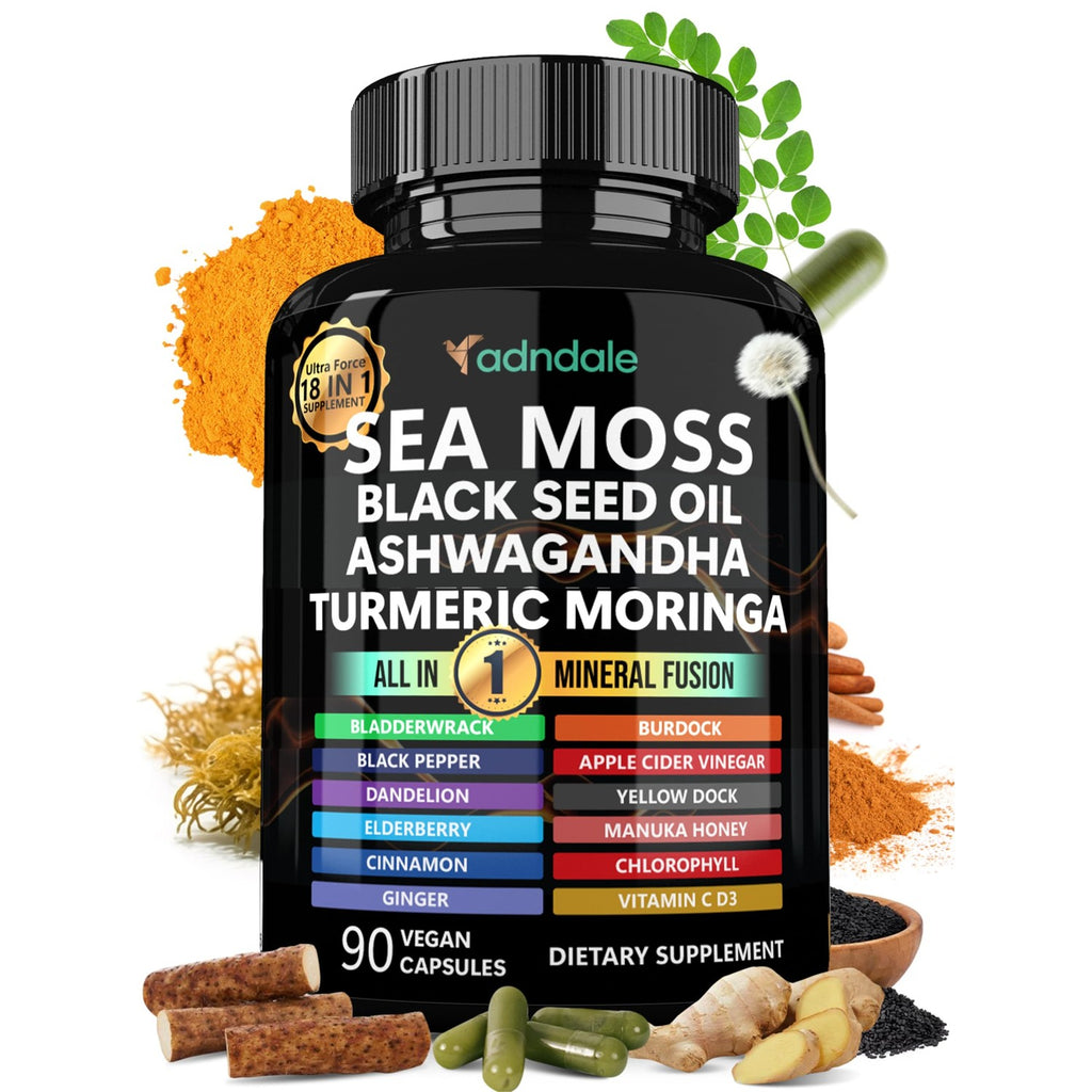 Adndale Sea Moss Capsules - Sea Moss Blend with Ashwagandha, Turmeric & Black Seed Oil - 90 Count