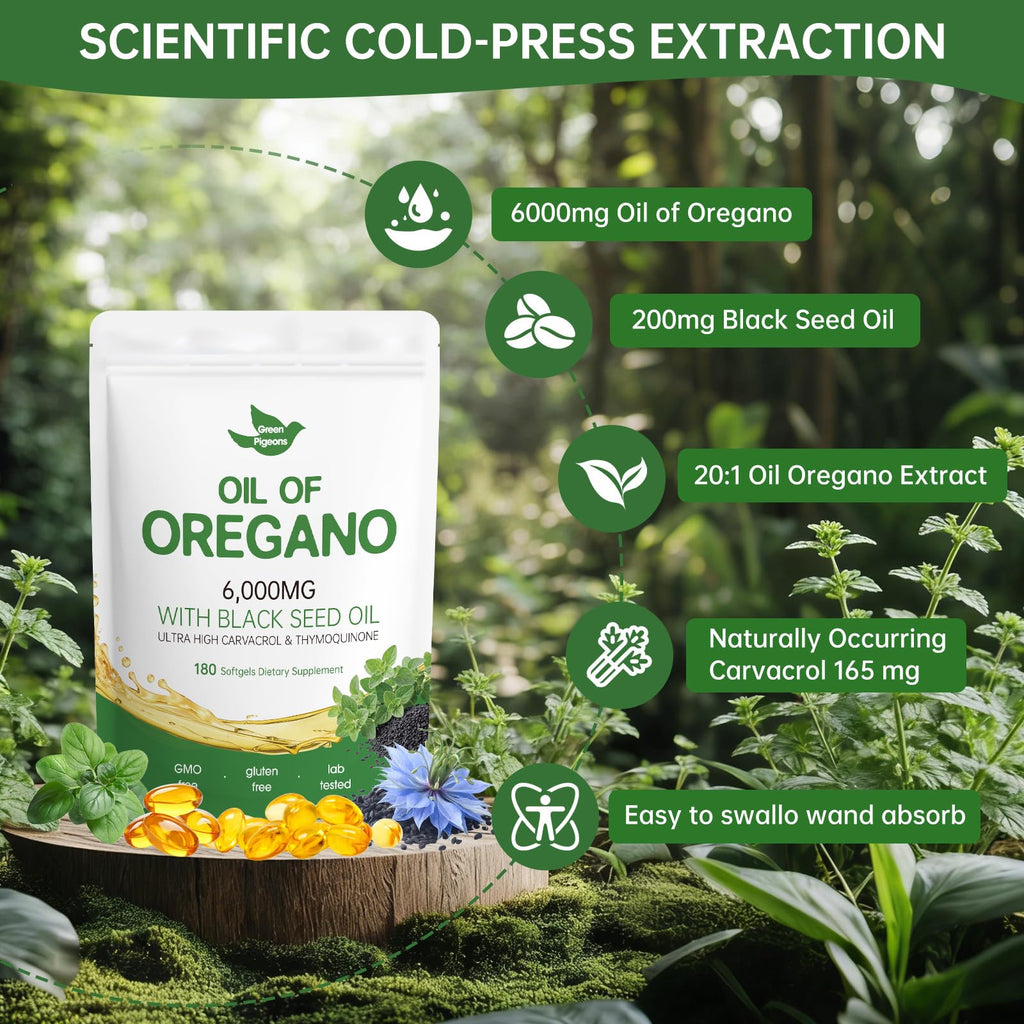 Oil of Oregano with Black Seed Oil, 180 Count Oregano Oil Capsules with 4X Strength of Carvacrol and Thymoquinone, Non-GMO, Natural Herbal Health Supplement