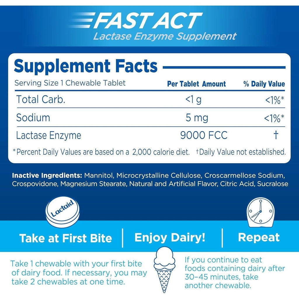 Buy now Lactaid Fast Act Lactose Intolerance Relief Chewables with Natural Lactase Enzyme (9000 FCC) to Prevent Gas, Bloating & Diarrhea Due to Lactose Sensitivity, On-The-Go, Vanilla Twist Flavor, 60 x 1 ct at indiglob india