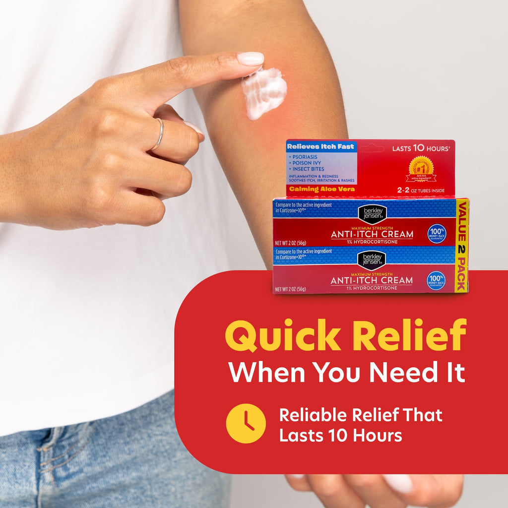 Berkley Jensen Maximum Strength Anti-Itch Cream (4 oz.), with Calming Aloe Vera, 1% Hydrocortisone Itch Relief for Eczema, Psoriasis, Bug Bites, Poison Ivy, Oak and Sumac, 2 oz. Tube (Pack of 2)