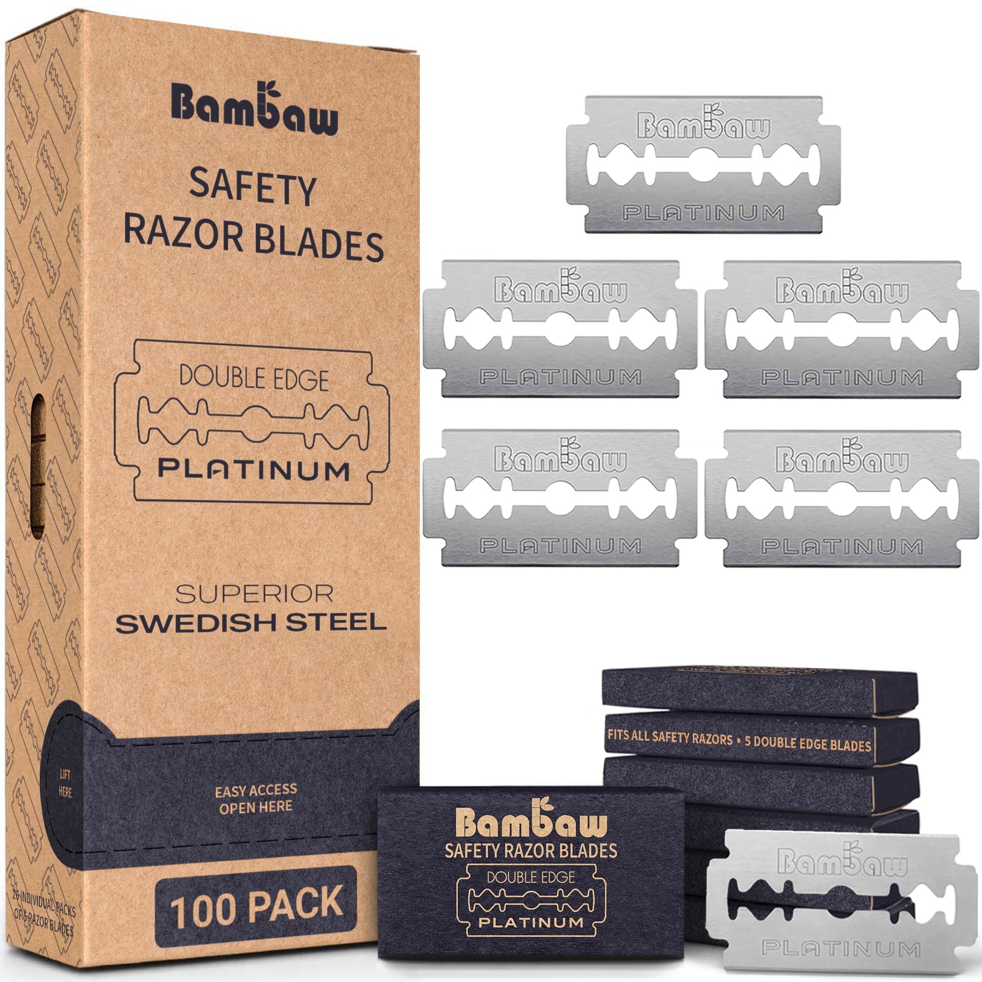 Bambaw Safety Razor Blades for Men & Women, 60 Pack, Double Edge Razor Blades Refills, Platinum Swedish Stainless Steel, Sharp & Long-Lasting Edge Retention, Up to 14 Months Supply