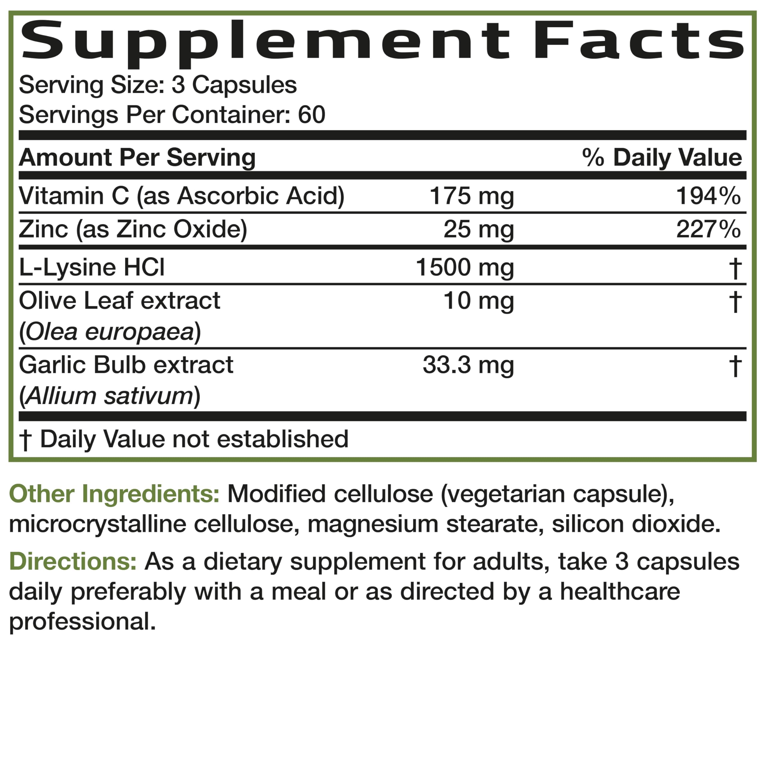 Bronson L-Lysine Defense Immune Support Complex, 1500 mg, 180 Capsules | Essential Amino Acid with Olive Leaf, Garlic, Vitamin C & Zinc, Vegetarian, Non-GMO, Gluten-Free & Soy-Free