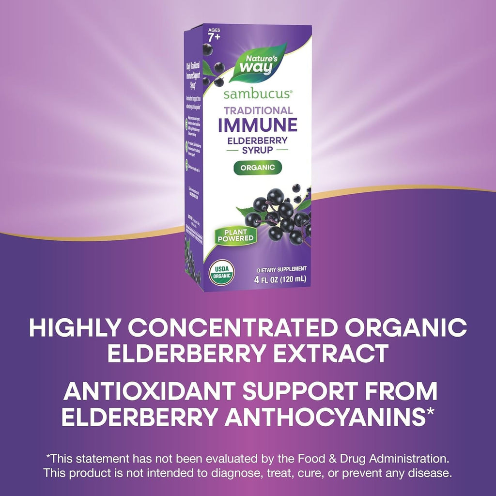 Buy now Nature's Way Sambucus Traditional Immune Elderberry Syrup for Ages 7+, Traditional Immune & Antioxidant Support*, Organic Black Elderberry Extract, USDA Certified Organic, 4 Fl Oz (Packaging May Vary) at indiglob india