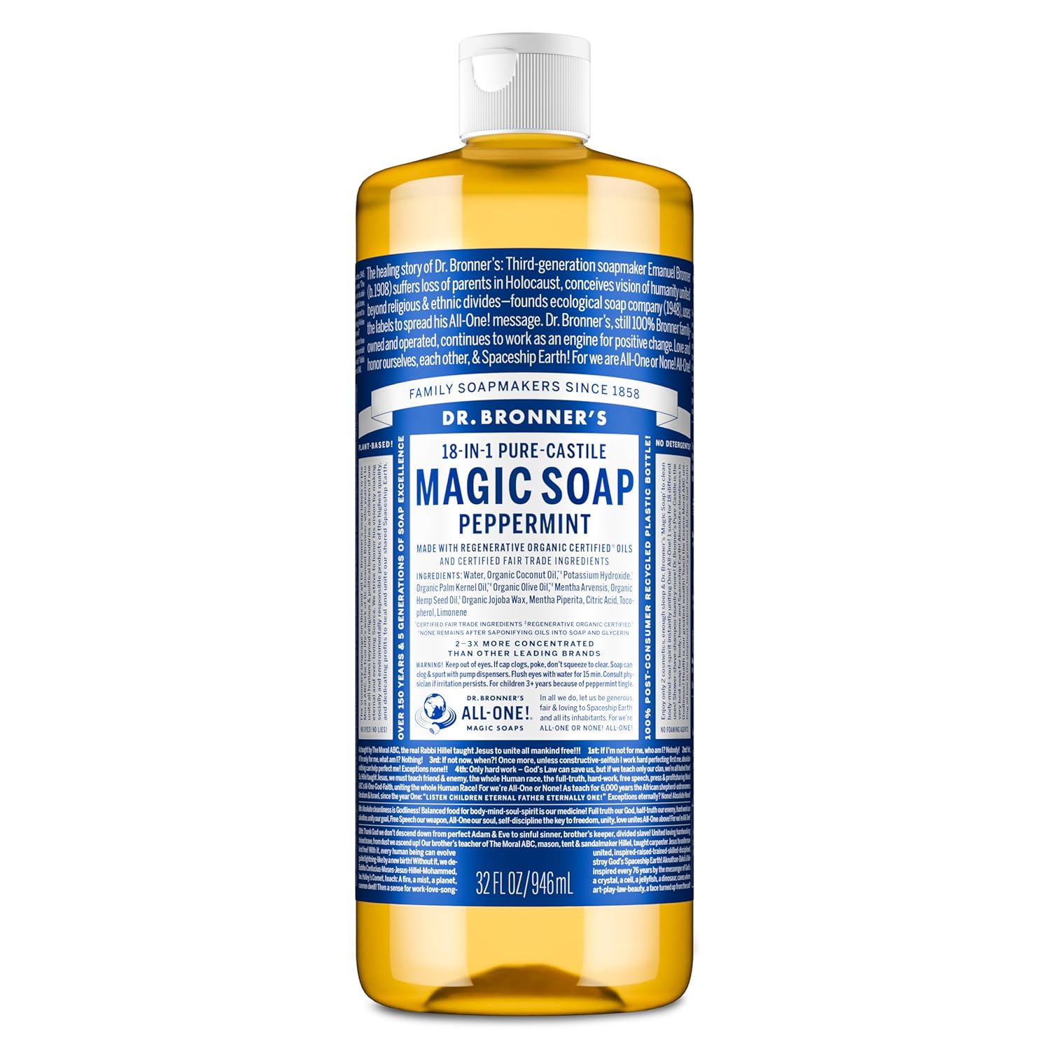 Buy now Dr. Bronner's Pure-Castile Magic Liquid Soap- Made with Regenerative Organic Oils- For Body, Face, Hair, Dishes, Pets, Laundry Natural, Vegan, Non-GMO - Peppermint, 32 oz (2-Pack) 32 Fl Oz (Pack of 1) at indiglob india