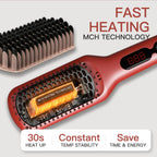MEGAWISE Hair Straightener Brush Pro, Fast Heating Ceramic Ionic Brush for Smooth Frizz-Free Hair, Safe Anti-Scald Design, Dual Voltage Travel Use (Tomato Red)
