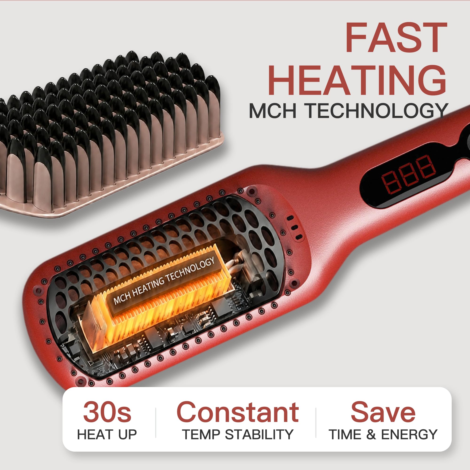 MEGAWISE Hair Straightener Brush Pro, Fast Heating Ceramic Ionic Brush for Smooth Frizz-Free Hair, Safe Anti-Scald Design, Dual Voltage Travel Use (Tomato Red)