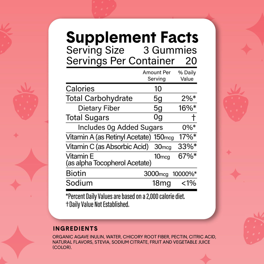 Bellway Super Fiber + Beauty, Fiber Gummies with Biotin, Sugar-Free, 60 Ct | 5g Prebiotic Fiber Supplement with Biotin & Vitamins A, C & E for Digestive Health, Skin, Hair & Nails