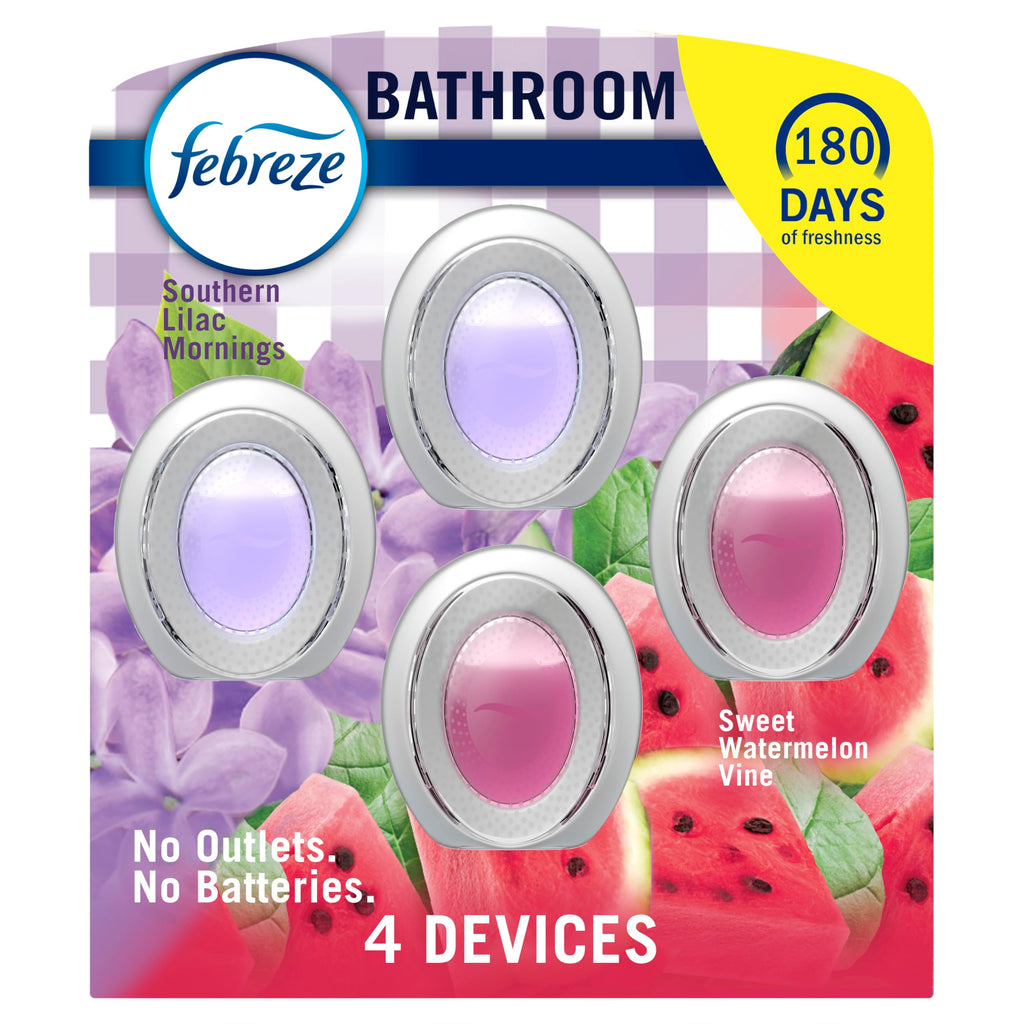 Febreze Bathroom Air Freshener, Odor-Fighting, Plug In Alternative, Air Fresheners for Small Spaces in Home, Bathroom, Kitchen, & Closet, Lilac & Watermelon Scents, 4ct (2 of Each Scent)