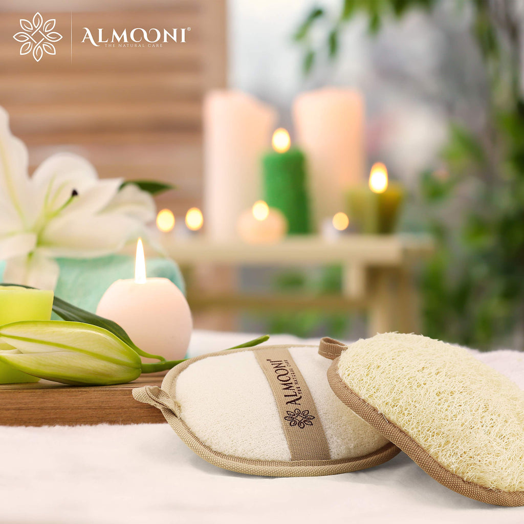 Almooni Natural Loofah Exfoliating Body Scrubber, Shower Sponge 2 Count | Natural Egyptian Loofah, Exfoliating Sponge for Face and Body, Bath Shower Loofah Sponge for Women and Men, 2 count pack