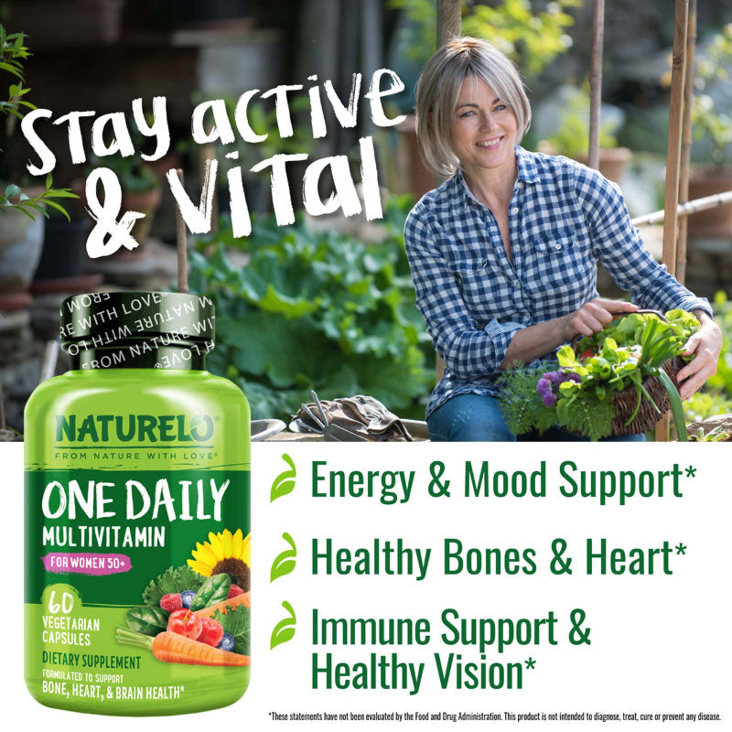 NATURELO One Daily Multivitamin for Women 50+ w/Vitamin B12, 60 Count | Energy Support, Whole Food Daily Women Multivitamin Supplement, Nourish Hair/Skin/Nail, Non-GMO, No Soy, Gluten Free