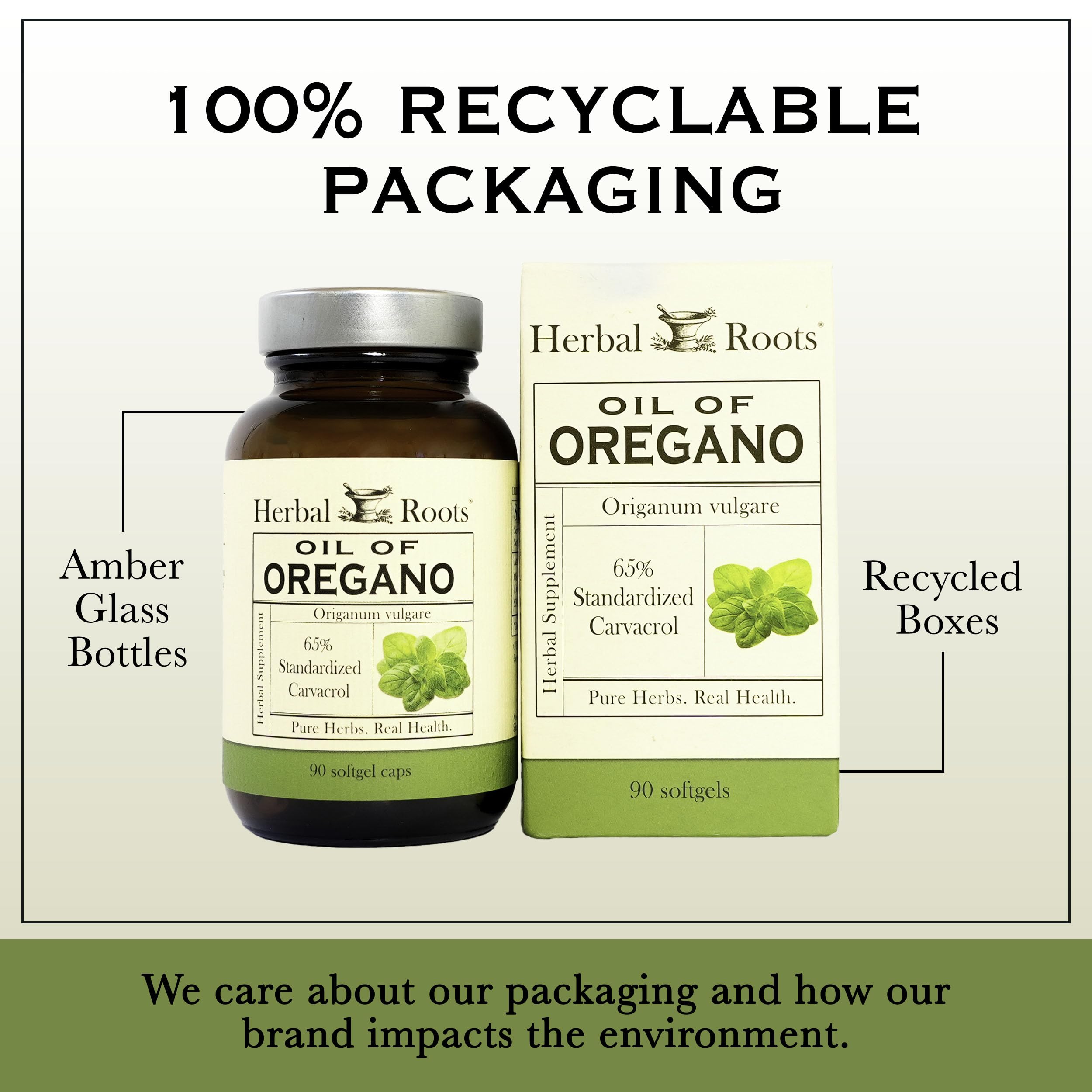 Herbal Roots Oil of Oregano Softgels - 65% Carvacrol - Extra Strength Immune and Gut Health Support - 90 Easy to Swallow Capsules