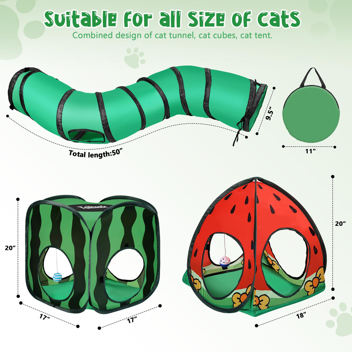 Tailtastic 3-in-1 Watermelon Cat Tunnel with Cube, Tent & Ball for Indoor