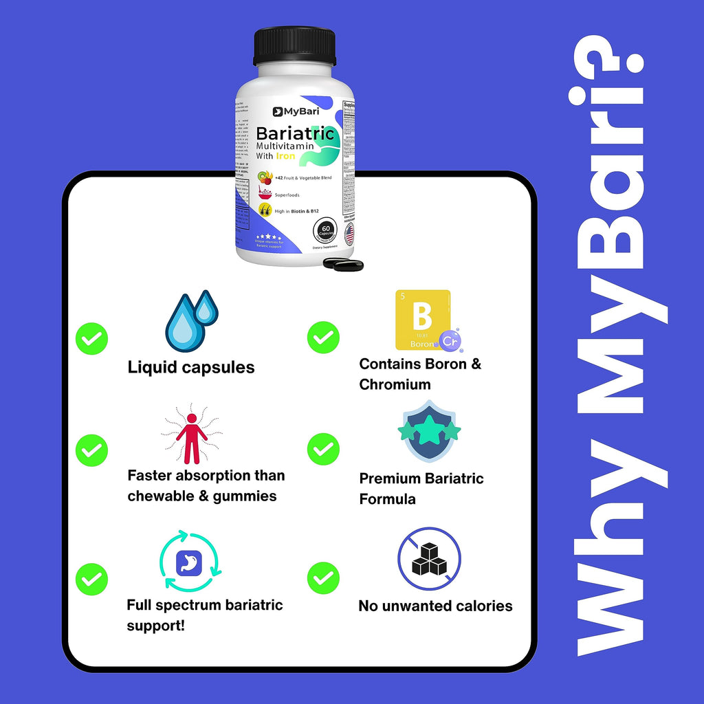 All-in-One Bariatric Multivitamin with Iron - Made in USA - for Men & Women - Supports Gastric Sleeve & Bypass with 42+ Fruit & Veggie Blend - 60 Liquid Capsules
