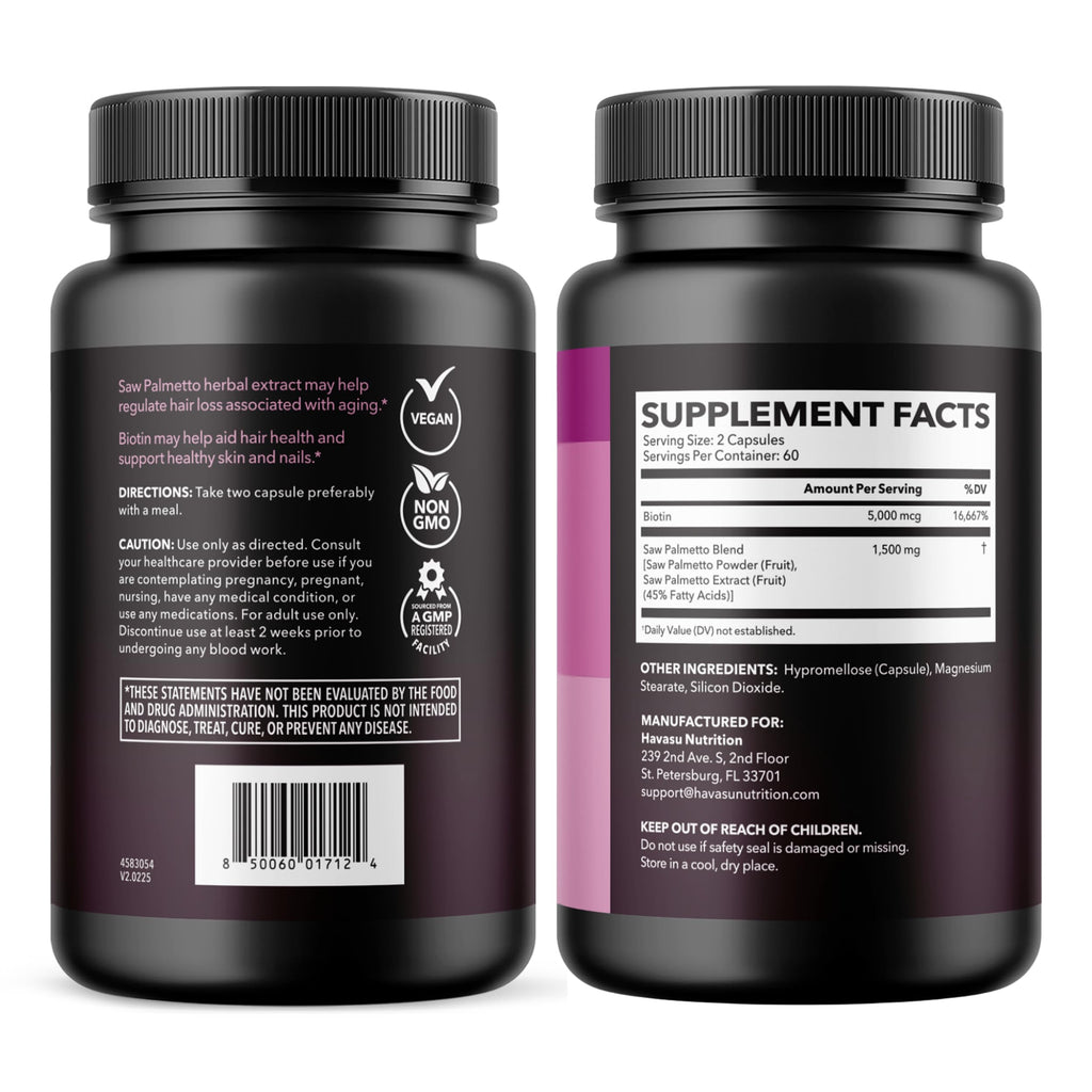 Saw Palmetto for Women with Bitoin 5000mcg Per Serving, 60-Day Supply | Vegan, Non-GMO DHT Blocker for Women for Hair, Skin and Nails, Saw Palmetto Extract with Biotin for Thicker Looking Hair