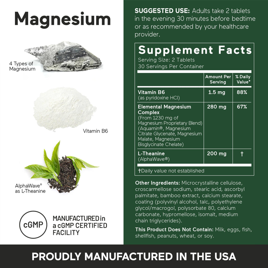 Smarter Nutrition Magnesium Complex - Chelated Magnesium Glycinate with Citrate, Malate and L-Theanine for Sleep, Muscle Relaxation and Stress Support - Non-GMO - 360 Tablets[180DaySupply]