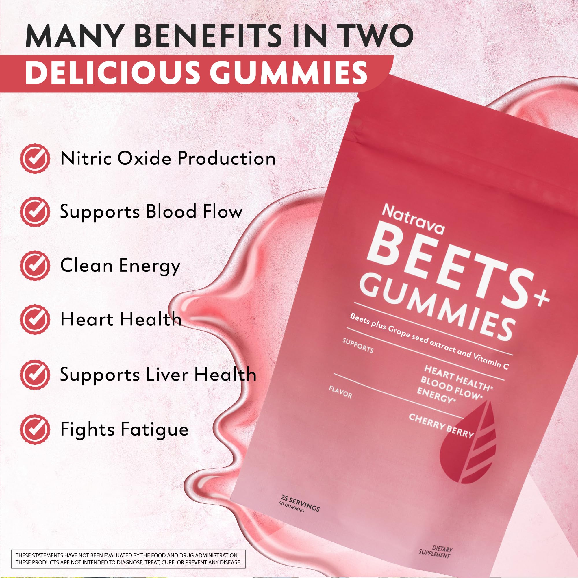 Beets+ Gummies - Premium Beet Root Powder, Grape Seed Extract and Vitamin C - Supports Healthy Blood Pressure and Heart Health - Low Sugar Nitric Oxide and Circulation Supplement - 50 Gummies