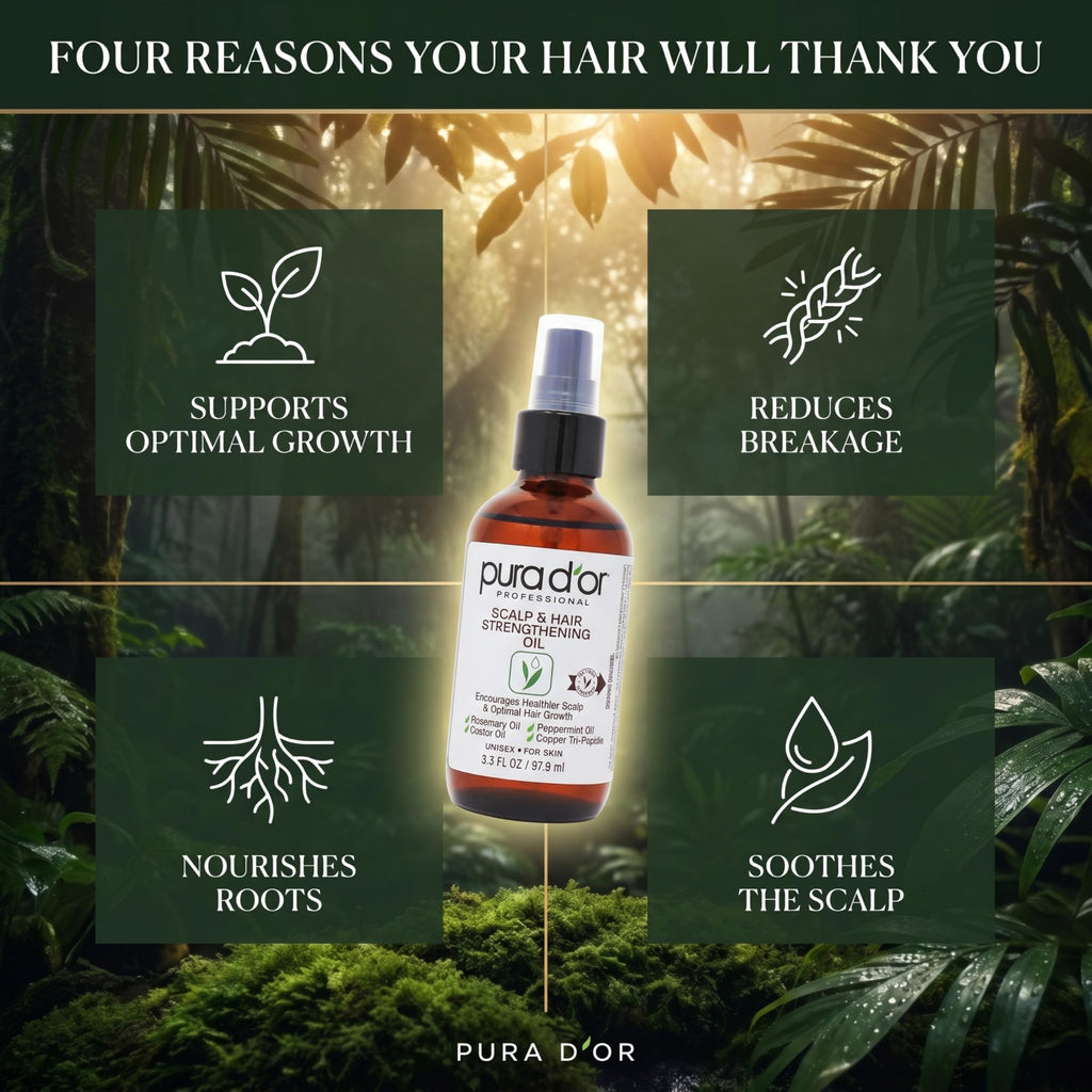PURA D'OR Scalp & Hair Strengthening Oil Supports Optimal Growth, Reduce Breakage, Nourish Roots for Healthier, Fuller, Thicker Hair - Rosemary, Castor & Peppermint Oil: 3.3 Oz Ayurvedic Hair Care