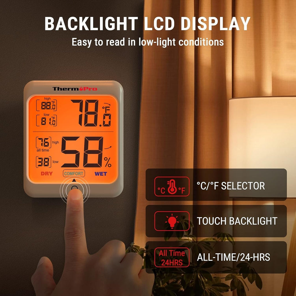 Buy now ThermoPro TP53 Digital Hygrometer Indoor Thermometer for Home, Temperature Humidity Sensor with Comfort Indicator & Max Min Records, Backlight Display Room Thermometer Humidity Meter, LCD at indiglob india