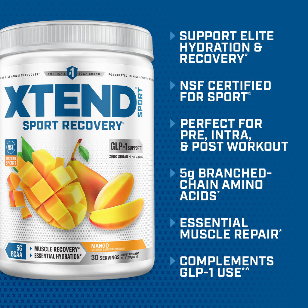 Xtend Sport BCAA Powder for Recovery, Mango, 30 Servings | Mango flavor with 5g BCAAs & electrolytes for muscle recovery, hydration and daily performance.